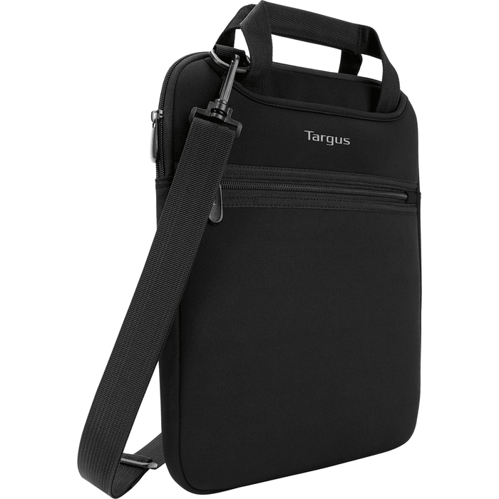 A black 12 inch vertical slipcase with hideaway handles and a shoulder strap, branded Targus.