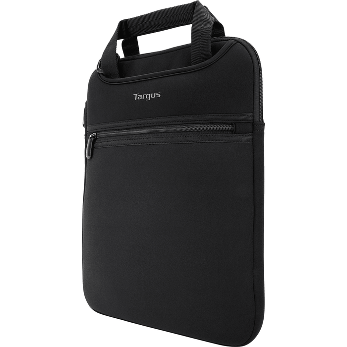 A black 12 inch vertical slipcase with hideaway handles and a shoulder strap, branded Targus.