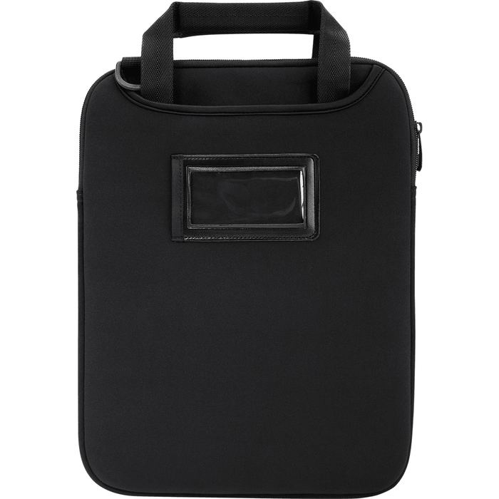 Back view of a black 12-inch vertical slipcase by Targus, showing hideaway handles and an attached shoulder strap