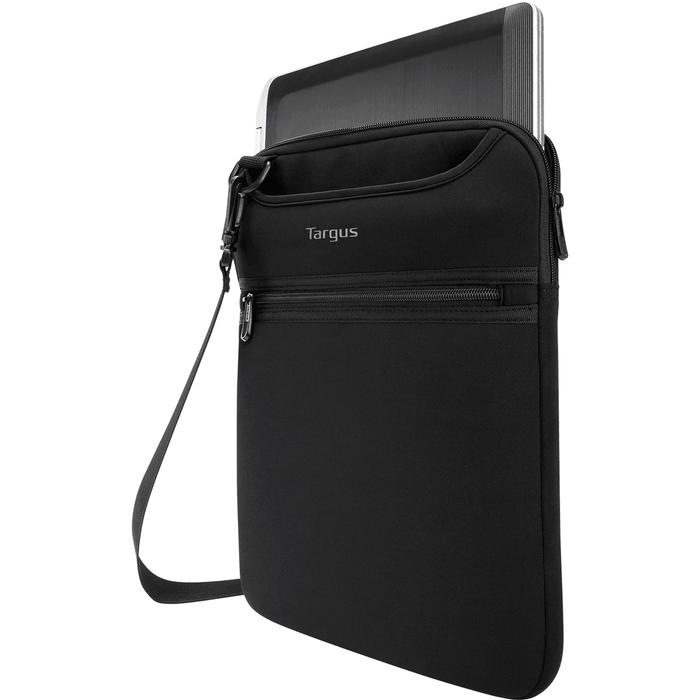 Black Targus 12-inch vertical laptop slipcase with front zip pocket and shoulder strap