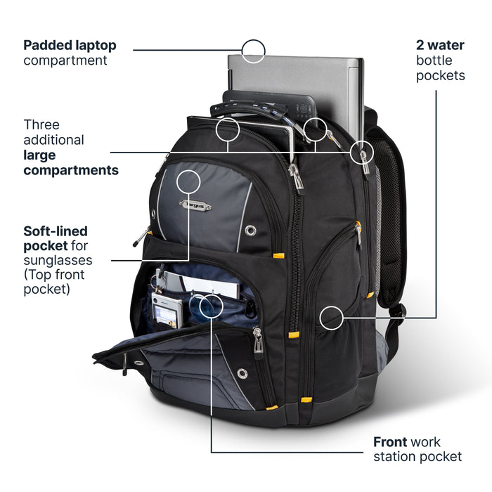 Front three-quarter view of the Targus Drifter backpack on a white background with compartments open to show organization. Callouts identify six storage features: padded laptop compartment, three additional large compartments, soft-lined sunglasses pocket in the top front pocket, front workstation pocket, and two water bottle pockets on the sides.