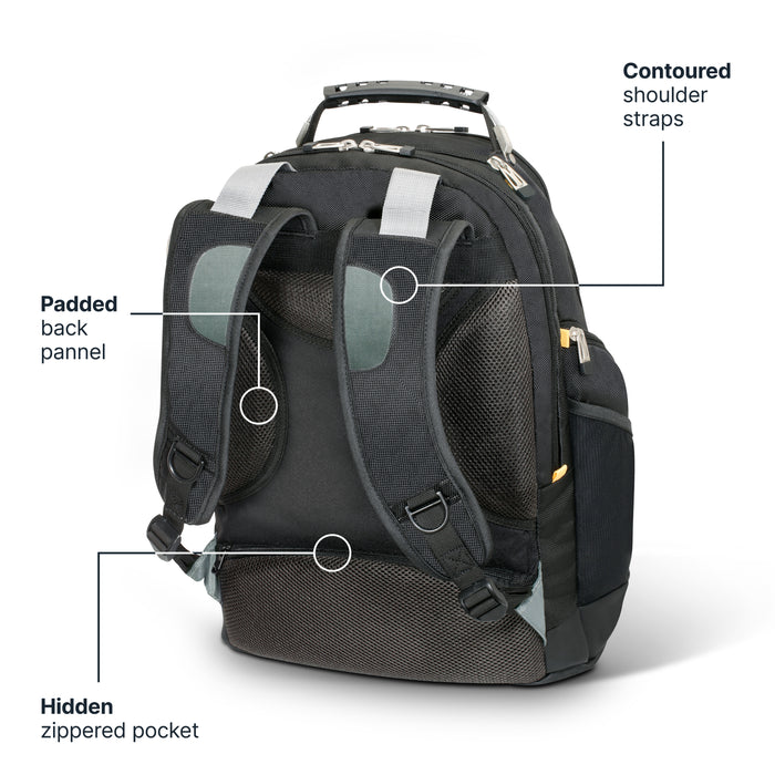 Rear view of the Targus Drifter backpack on a white background. Callouts identify three features: padded back panel, contoured shoulder straps, and hidden zippered pocket at the base.