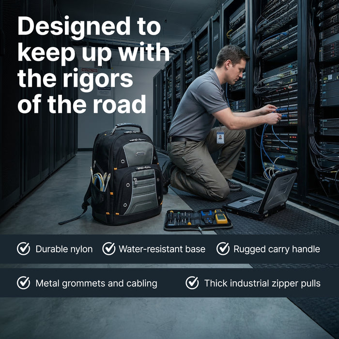 IT technician working in a server room beside the Targus Drifter backpack. Text reads "Designed to keep up with the rigors of the road." Five feature callouts listed below: durable nylon, water-resistant base, rugged carry handle, metal grommets and cabling, and thick industrial zipper pulls.