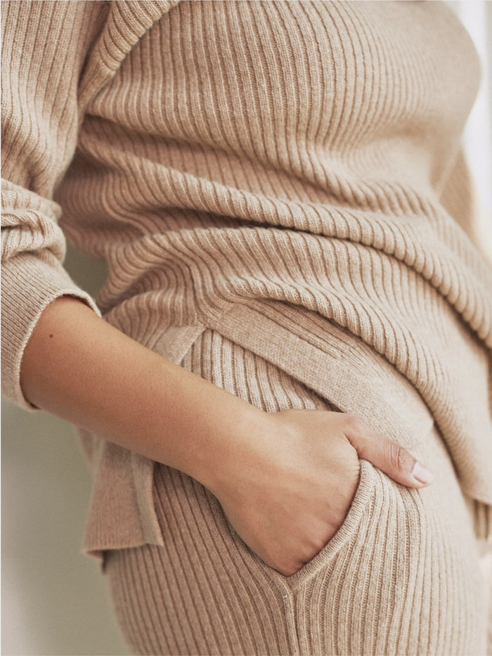 Alpaca Ribbed Wide-Leg Pant by Hass color camel