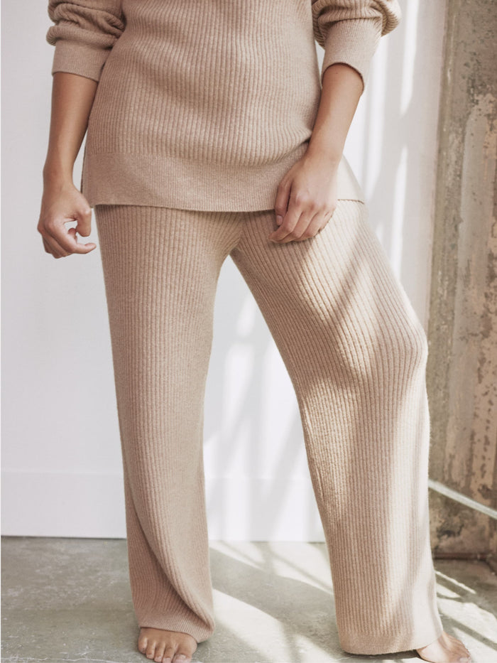 Alpaca Ribbed Wide-Leg Pant by Hass color camel