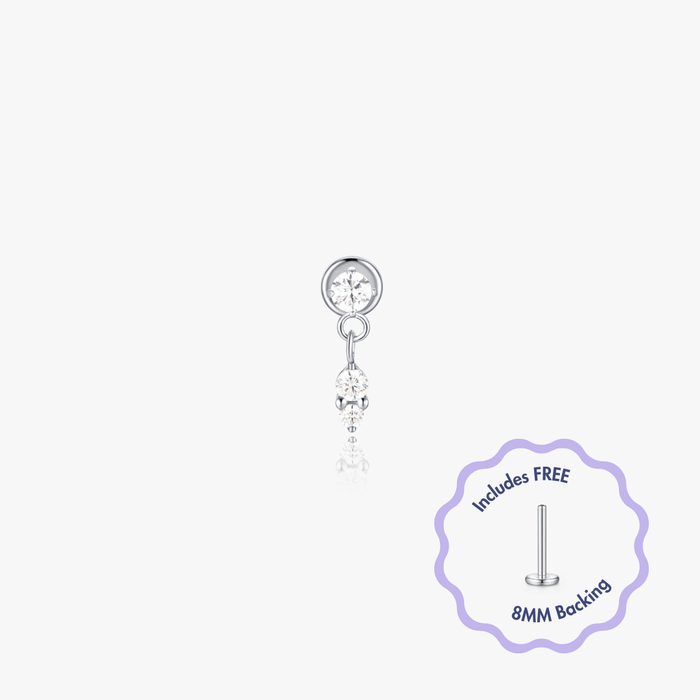 Arden Titanium Flat Back Stud: Silver-tone stud with clear gemstone, two-stone dangle, includes free 8mm backing. Water safe, tarnish resistant, sold individually.