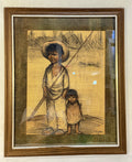 B. Brigham Original Charcoal Drawing of Girl and Boy with Fishing Pole, Framed