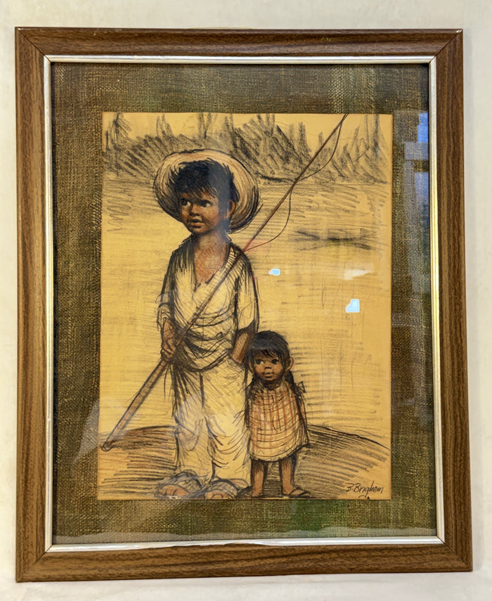 B. Brigham Original Charcoal Drawing of Girl and Boy with Fishing Pole, Framed