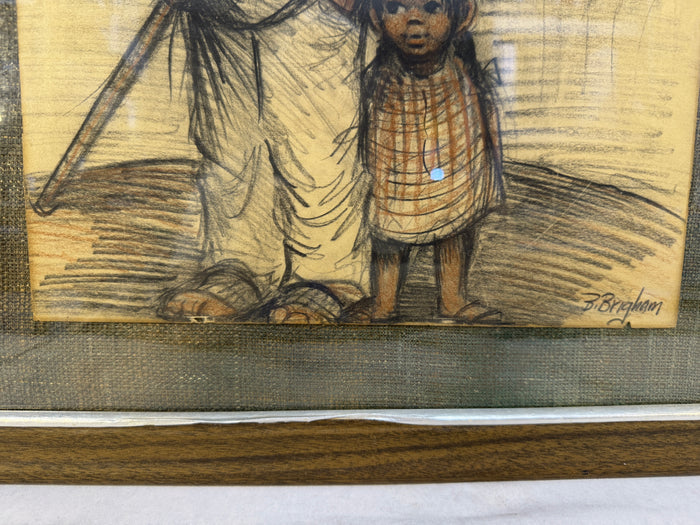 B. Brigham Original Charcoal Drawing of Girl and Boy with Fishing Pole, Framed
