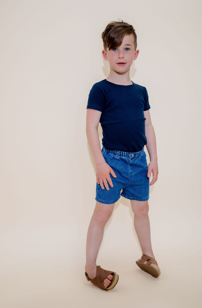 Basic Ribbed Short Sleeve Tee - Navy