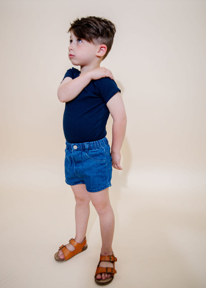 Basic Ribbed Short Sleeve Tee - Navy