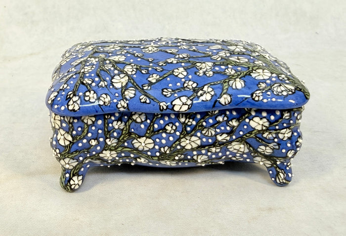Blue Ceramic Trinket Box with Moriage Decoration