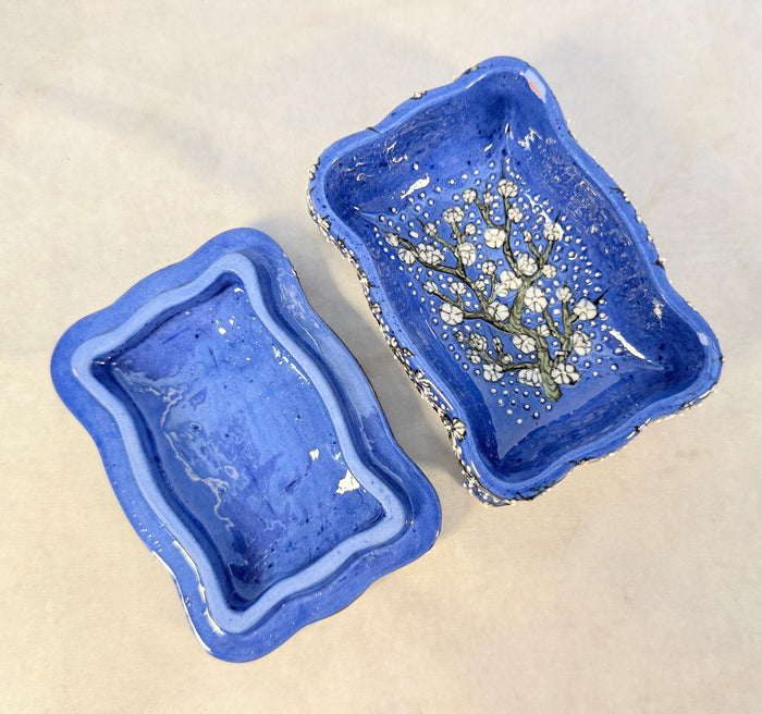 Blue Ceramic Trinket Box with Moriage Decoration
