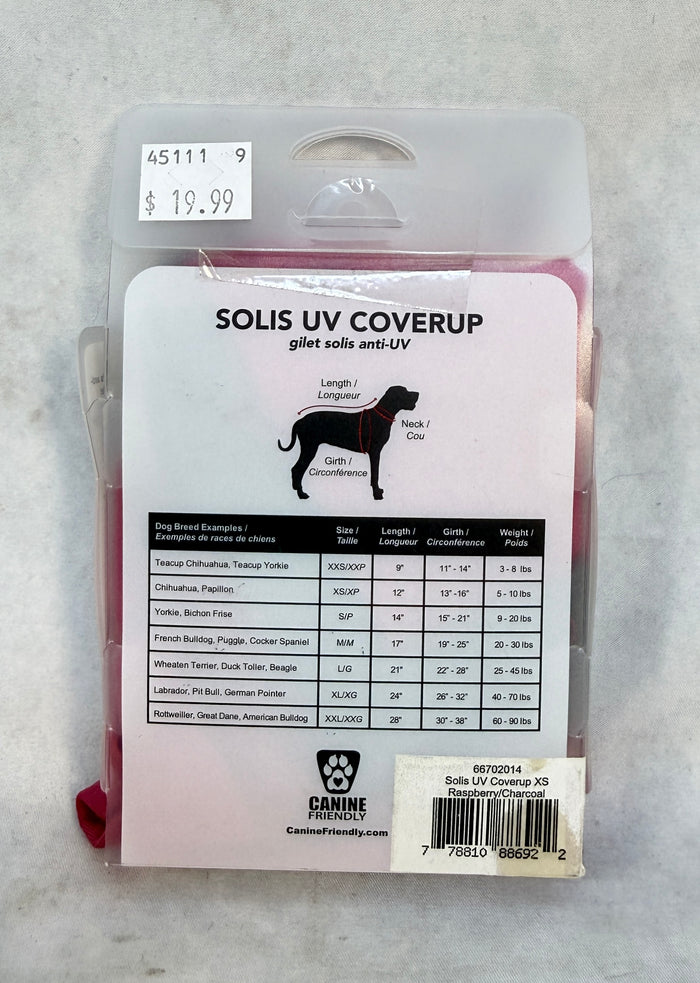 Canine Friendly Solis UV Coverup - Size XS, Pink - Brand New!