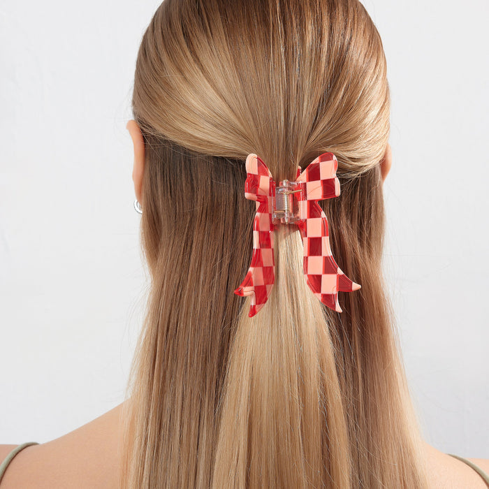 Checkered Red Bow Claw Clip