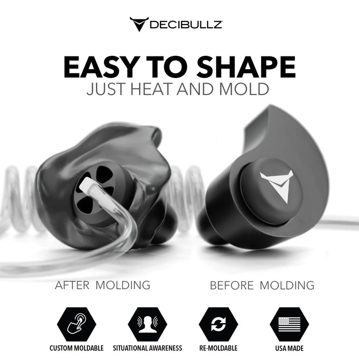 A promotional image for Decibullz Custom Moldable Surveillance Radio Headset Earpieces with Awareness, showcasing the product before and after molding. Text reads "EASY TO SHAPE, JUST HEAT AND MOLD." Features highlighted include custom moldable earpieces, situational awareness, re-moldable, and USA made.