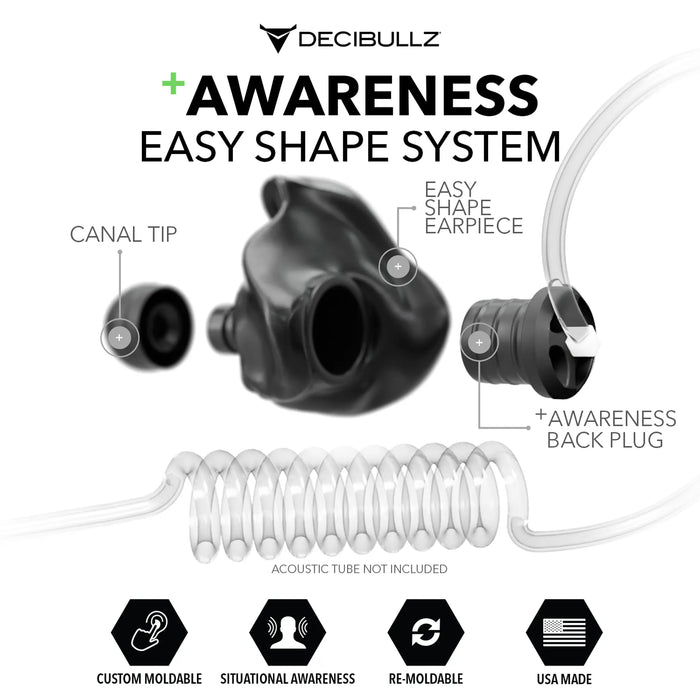 Promotional image for Decibullz Custom Moldable Surveillance Radio Headset Earpieces with Awareness. Shows a custom moldable earpiece with a canal tip and an awareness back plug. An acoustic tube is depicted but not included. Features include custom moldable, situational awareness, re-moldable, and USA made.