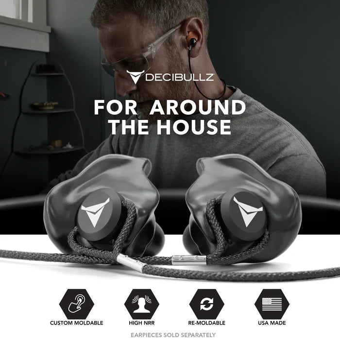 A man wearing safety glasses and ear protection works in the background. In the foreground is the Decibullz Custom Molded Earplug Lanyard, with labels highlighting features: custom molded, high NRR, re-moldable, and USA made.