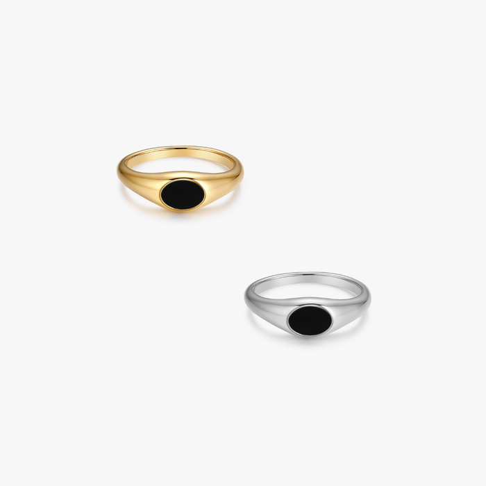 Denise Black Agate Signet Ring with gold and silver options, featuring a smooth black agate inlay and polished stainless steel band, safe for sensitive skin.