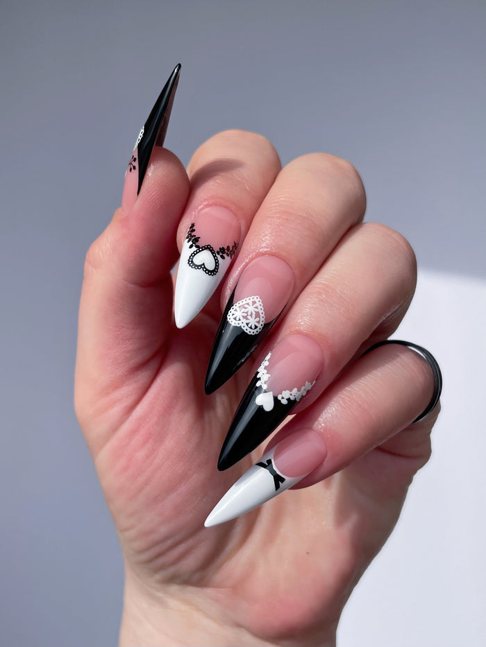 long stiletto nails with black and white french and black and white lace nail art stickers