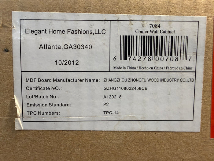 Elegant Home Fashions Madison 24" h Corner Wall Cabinet, White - Brand New!