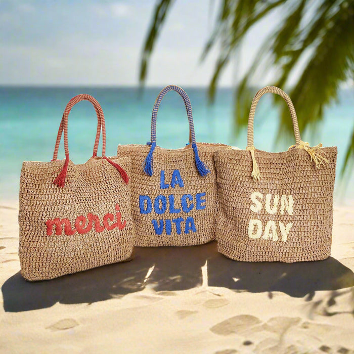 Embroidered Raffia Tote