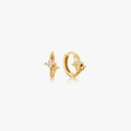 Estelle Double Star Mini Hoops: Small gold hoops with four-pointed star charms, encrusted with tiny stones, made of stainless steel and 18K PVD gold plated. Sold as pairs.