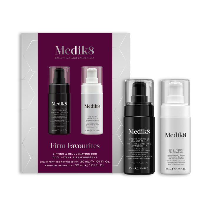 A Medik8 "Firm Favourites" gift box displayed on a white background, featuring a deep burgundy center. A Liquid Peptides Advanced MP black pump bottle and an Exo-PDRN Prismatic+ white pump bottle stand loose beside the box.