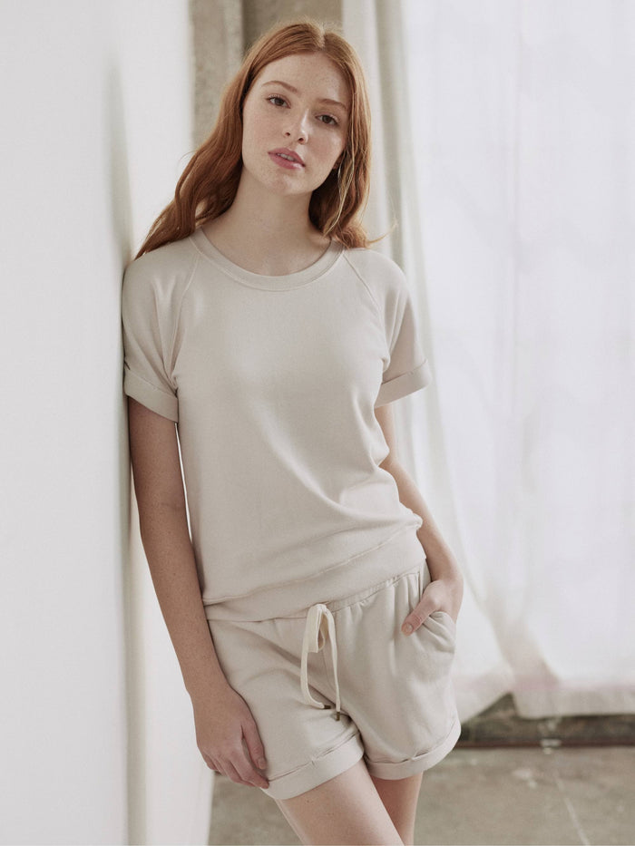 Fleece Roll Cuff Short Sleeve Sweatshirt by Hass color Bone
