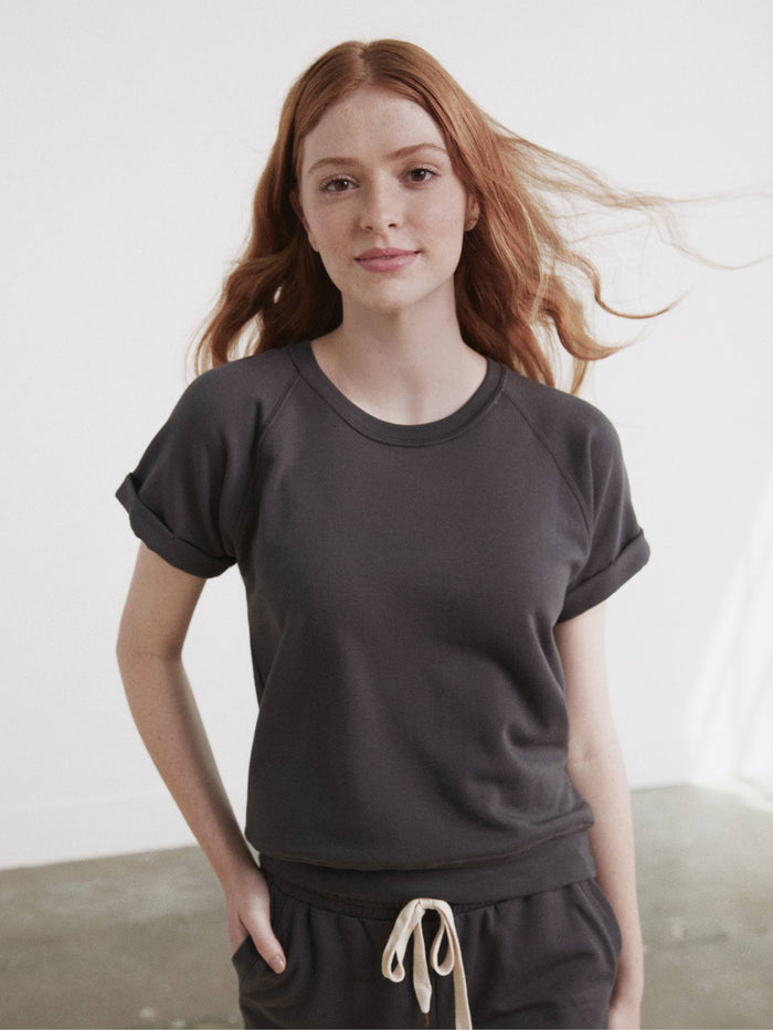 Fleece Roll Cuff Short Sleeve Sweatshirt by Hass color slate