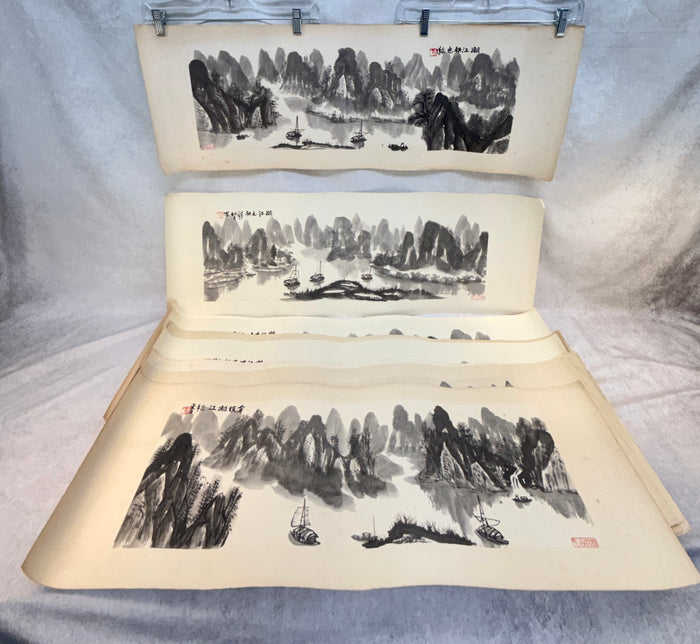Guilin Mountain Landscapes, Guangxi China Calligraphy Drawings - Lot of 10