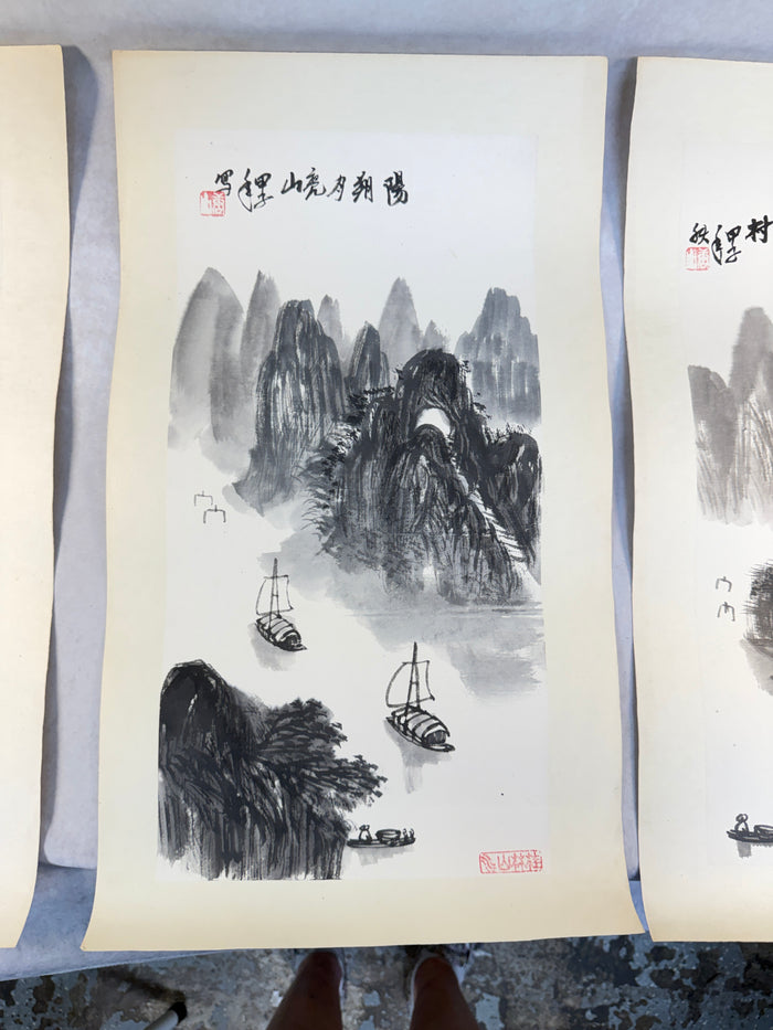 Guilin Mountain Landscapes, Guangxi China Calligraphy Drawings - Lot of 6