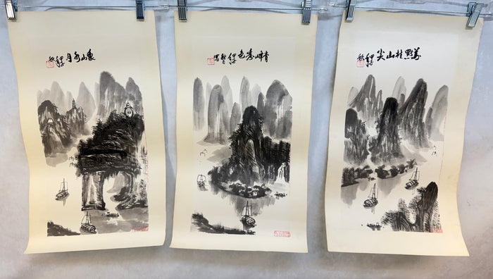 Guilin Mountain Landscapes, Guangxi China Calligraphy Drawings - Lot of 6
