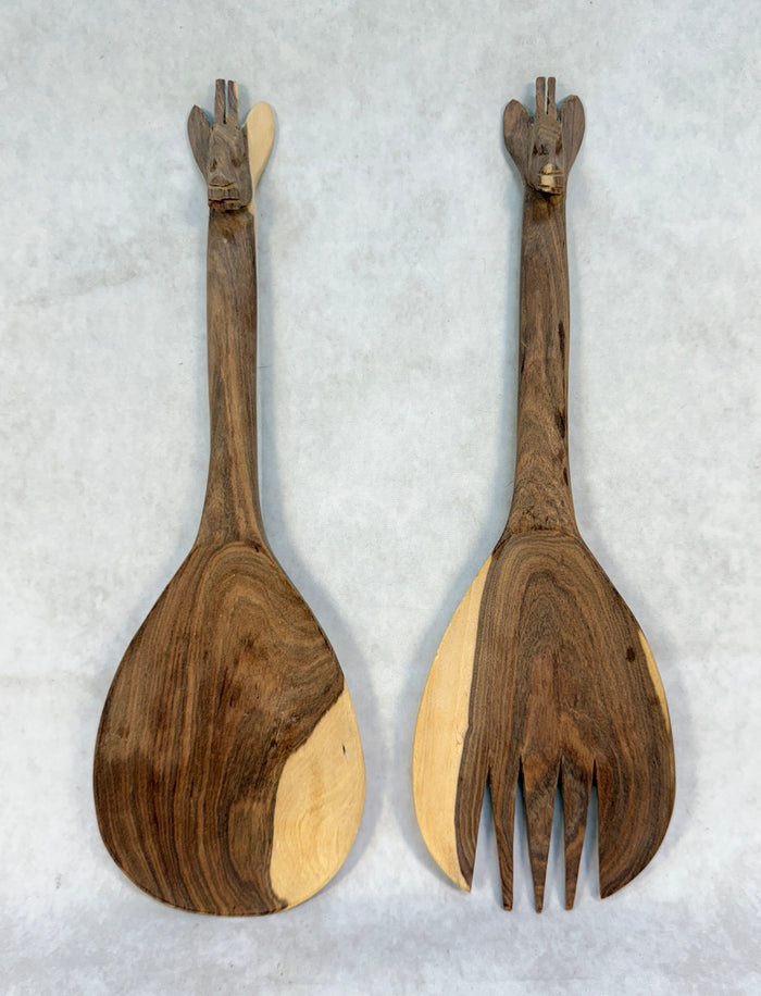Hand Carved Wood Giraffe Salad Servers Fork & Spoon