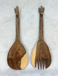 Hand Carved Wood Giraffe Salad Servers Fork & Spoon