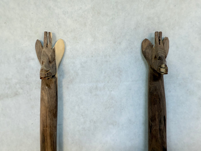 Hand Carved Wood Giraffe Salad Servers Fork & Spoon