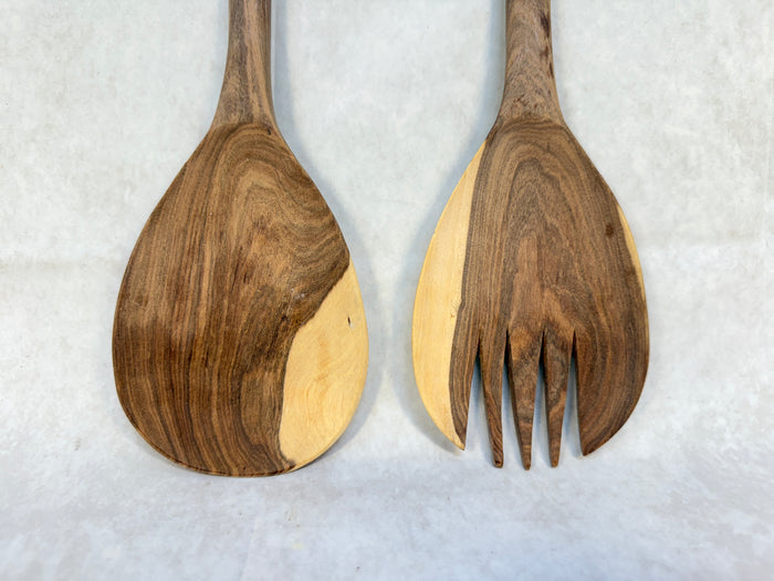 Hand Carved Wood Giraffe Salad Servers Fork & Spoon