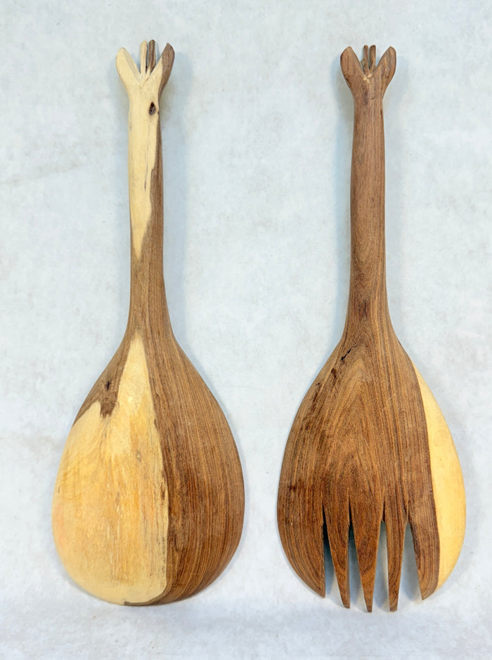 Hand Carved Wood Giraffe Salad Servers Fork & Spoon