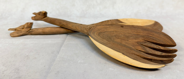 Hand Carved Wood Giraffe Salad Servers Fork & Spoon