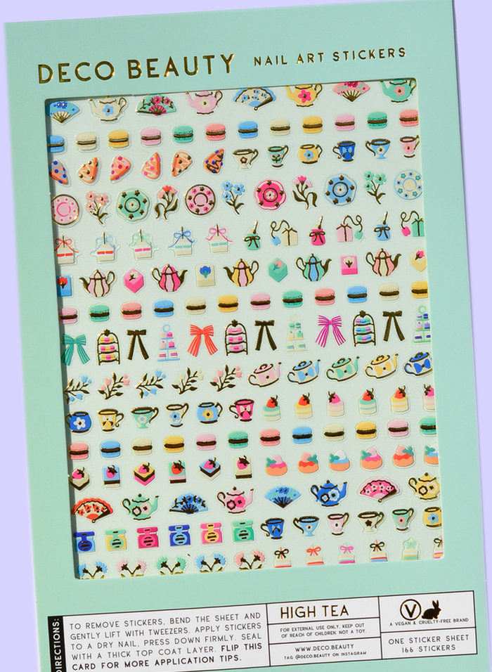 High Tea sheet flat lay slanted on purple background