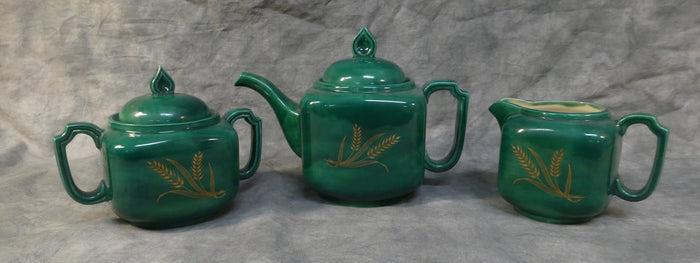 Holland Mold Green with Gold Wheat Teapot Set - 3 Pieces