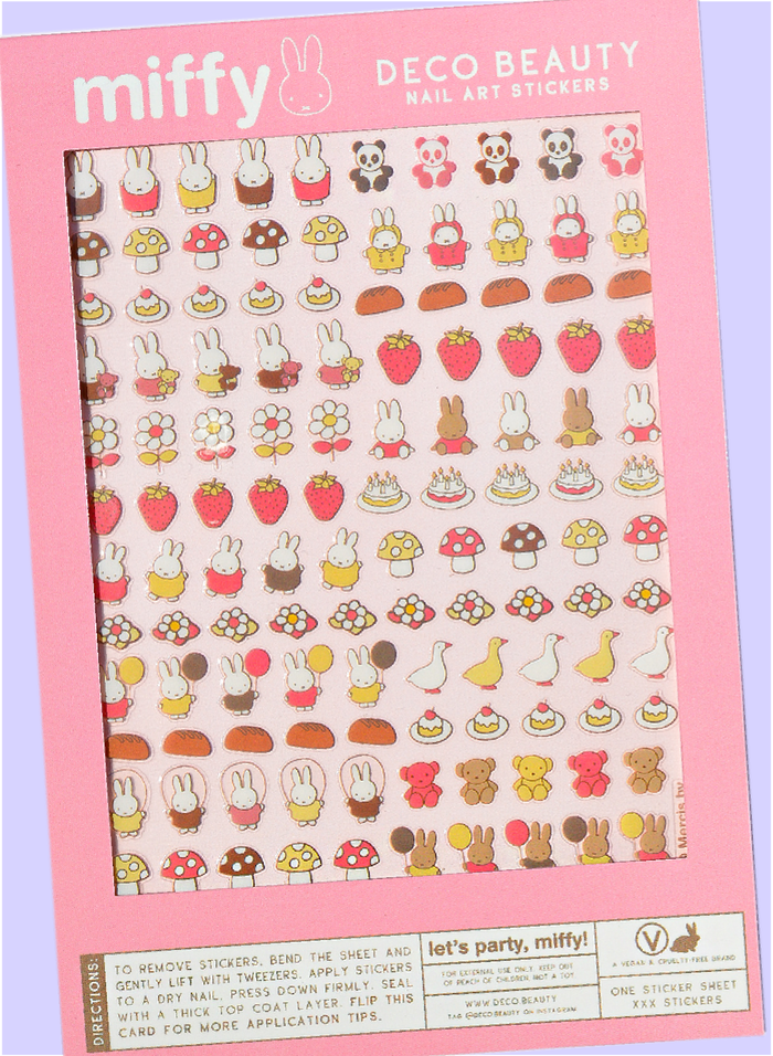 Deco Beauty 'Let's Party, Miffy!' sticker sheet flat lay on purple background