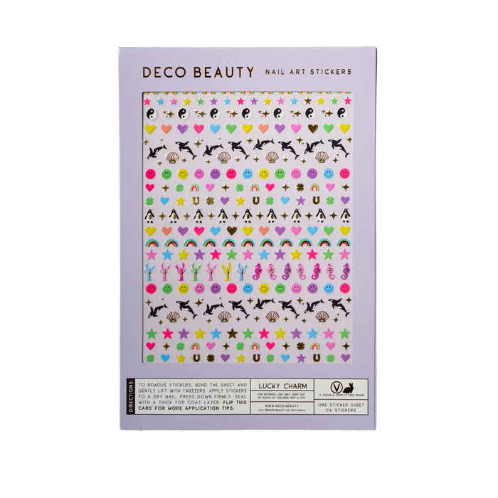 Lucky Charm stickers, featuring orcas and lucky shapes in rainbow colors
