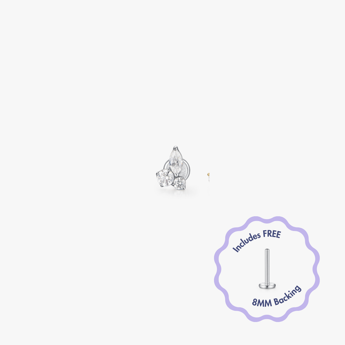 Mara Trio Gem Titanium Flat Back Stud features a marquise-cut stone with two round stones in silvery metal, includes free 8mm backing.