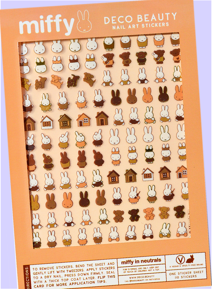 Deco Beauty 'Miffy in Neutrals' sticker sheet flat lay on purple background
