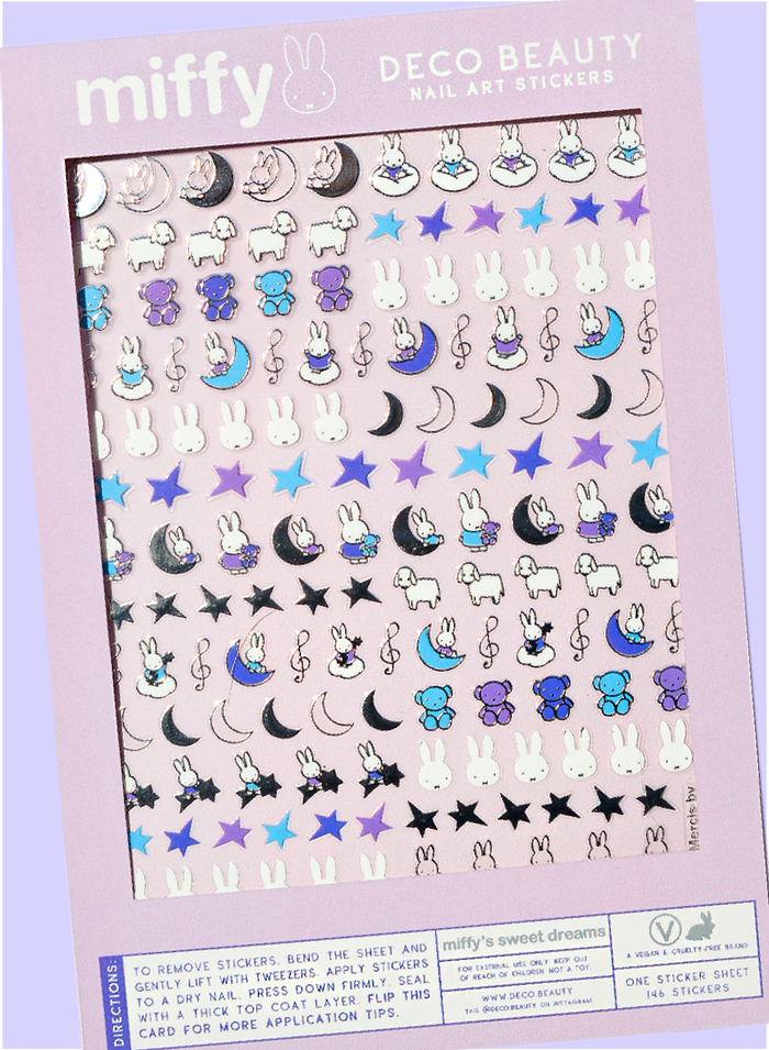 Deco Beauty 'Miffy's Sweet Dreams' sticker sheet flat lay on purple background