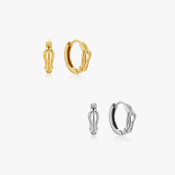 Mini Belt Hoops: small stainless steel hoop earrings with a buckle motif and tiny round accent, available in yellow-gold and silver finishes, tarnish-resistant and safe for sensitive skin.