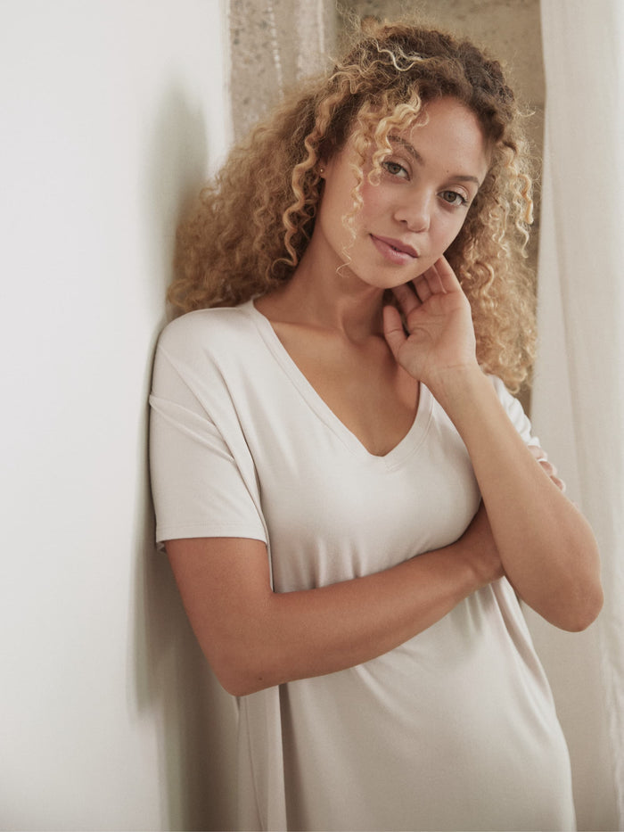 Modal V-Neck Dress by Hass color: bone