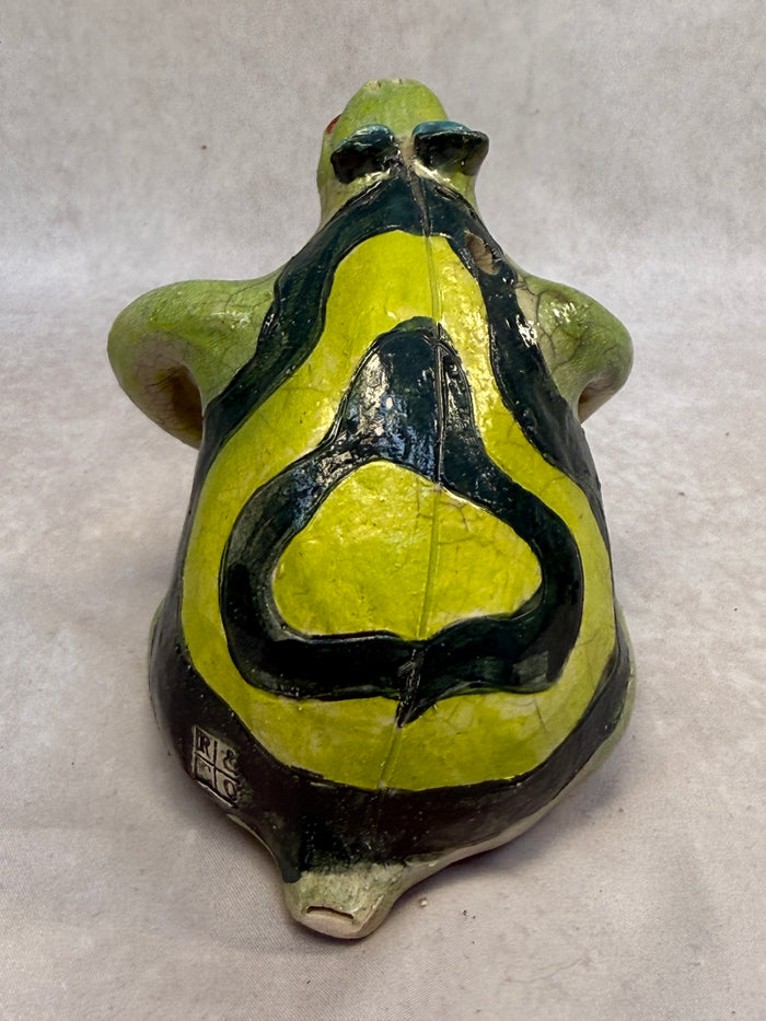 Raku Zoo Green Frog Whistle by Chris Moses, Signed by Artist