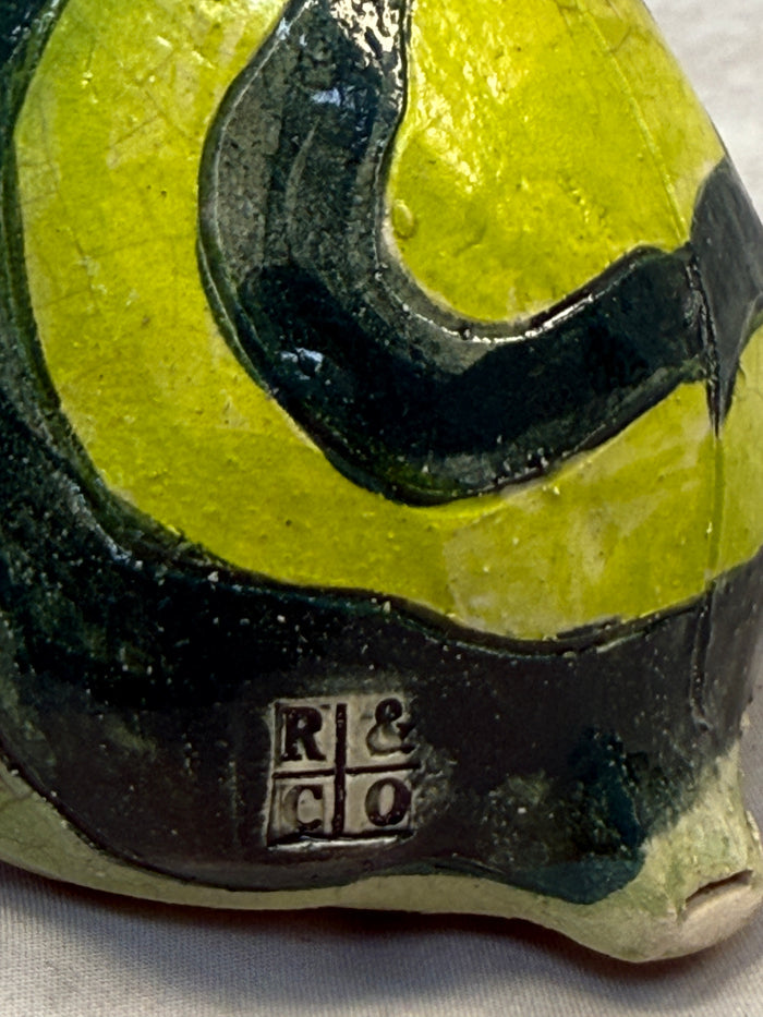 Raku Zoo Green Frog Whistle by Chris Moses, Signed by Artist